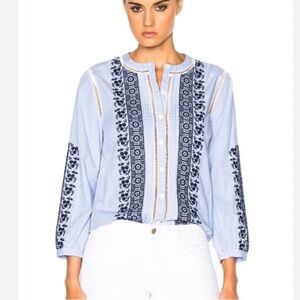 Veronica Beard Claire Button Down Embroidered Navy Top